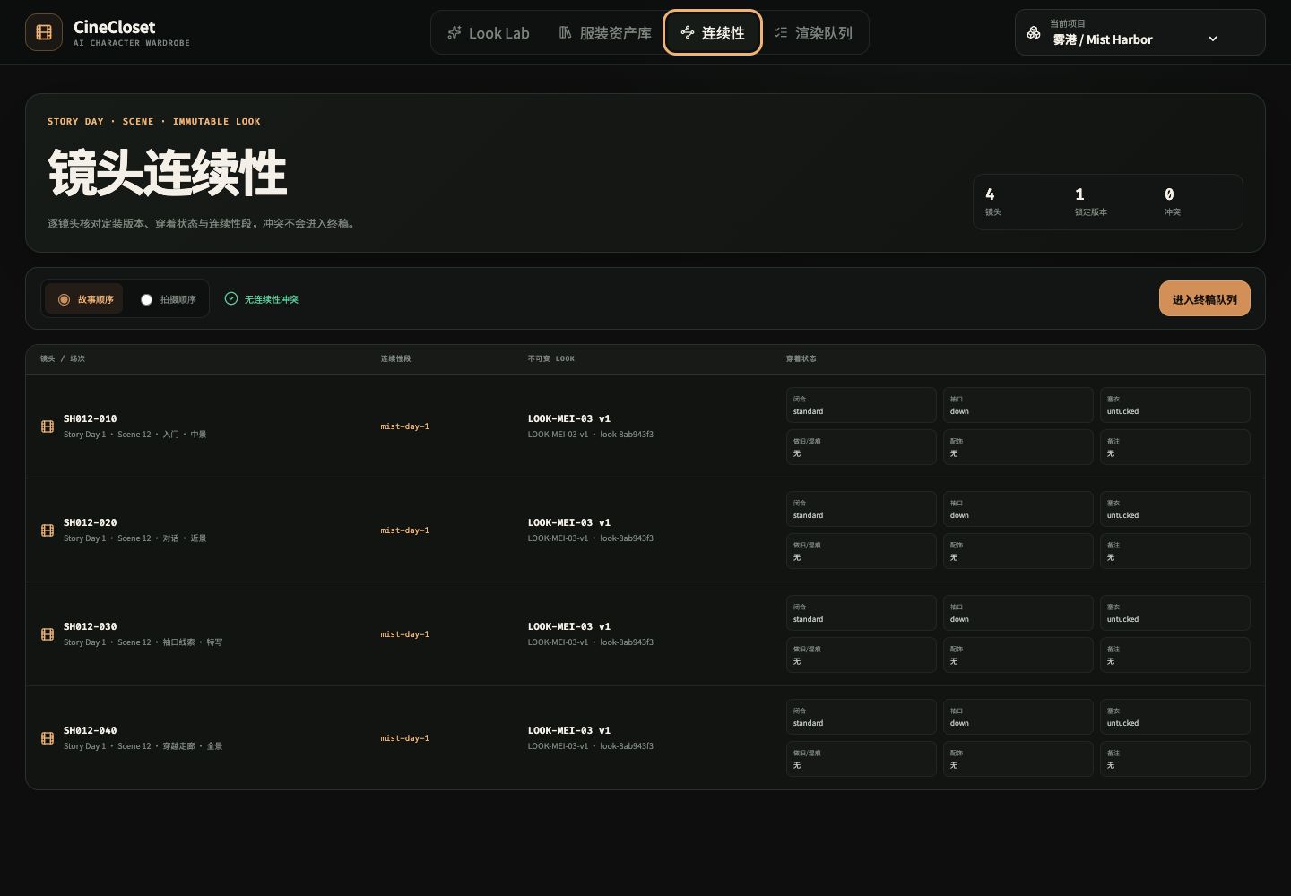 CineCloset wardrobe, look, and shot-continuity matrix interface snapshot