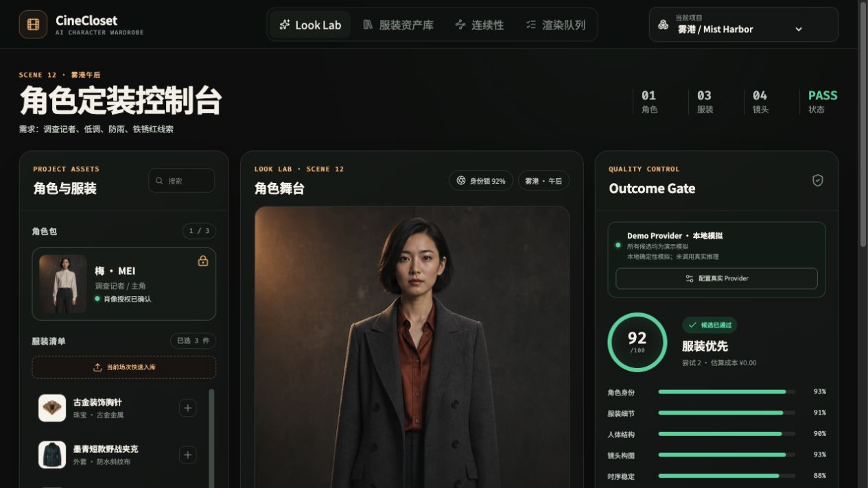 CineCloset character stage, asset rail, and Outcome Gate interface snapshot