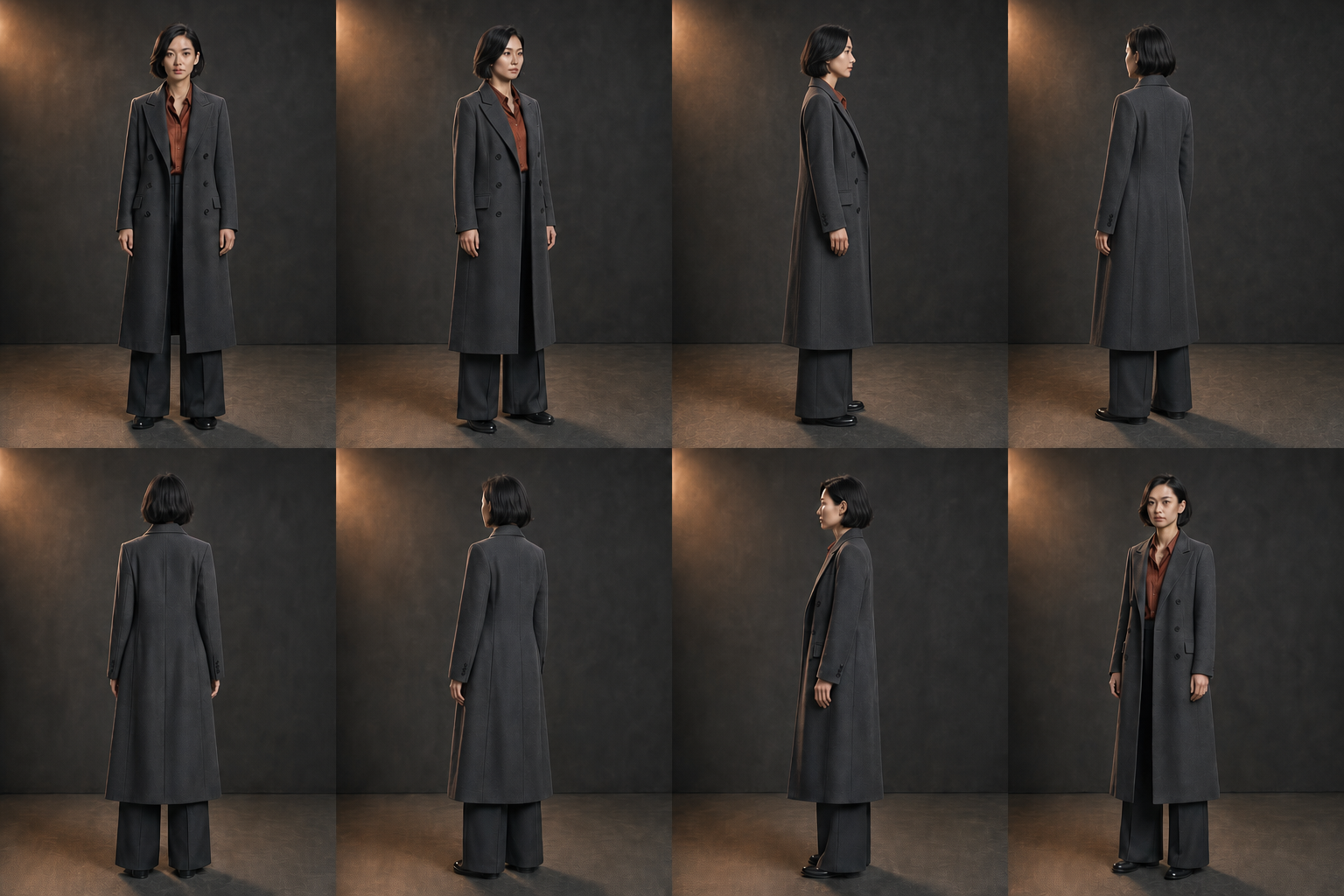Complete eight-angle turntable for CineCloset character Mei: front, front left, left, rear left, rear, rear right, right, and front right